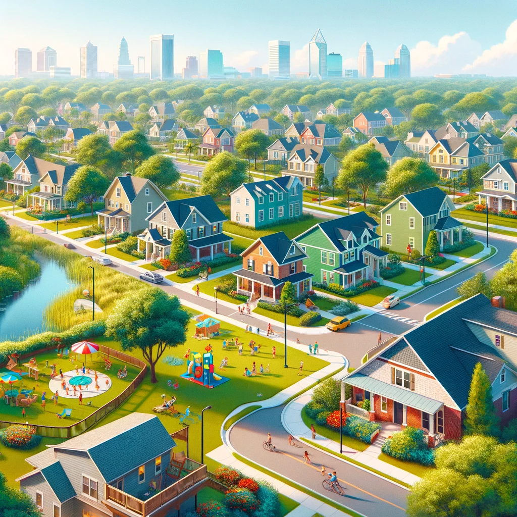 A vibrant, welcoming community in Jacksonville, Florida. The scene shows diverse neighborhoods with various types of homes, lush green parks, and comm
